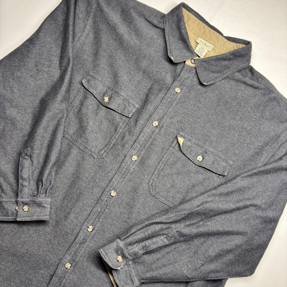 LL Bean Mens XL Regular Gray Herringbone Cotton Flannel Button Down Shirt 0DGG4